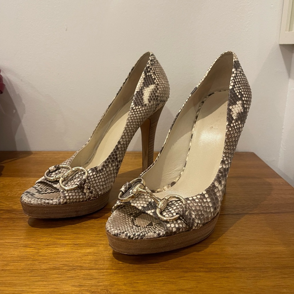 Gucci Horsebit Accent Snakeskin Sandals